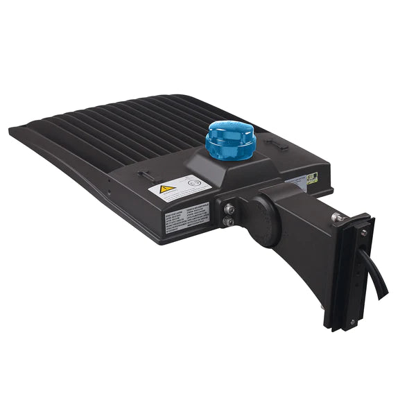 Bronze shoebox area flood flood light showing the mount and photocell options