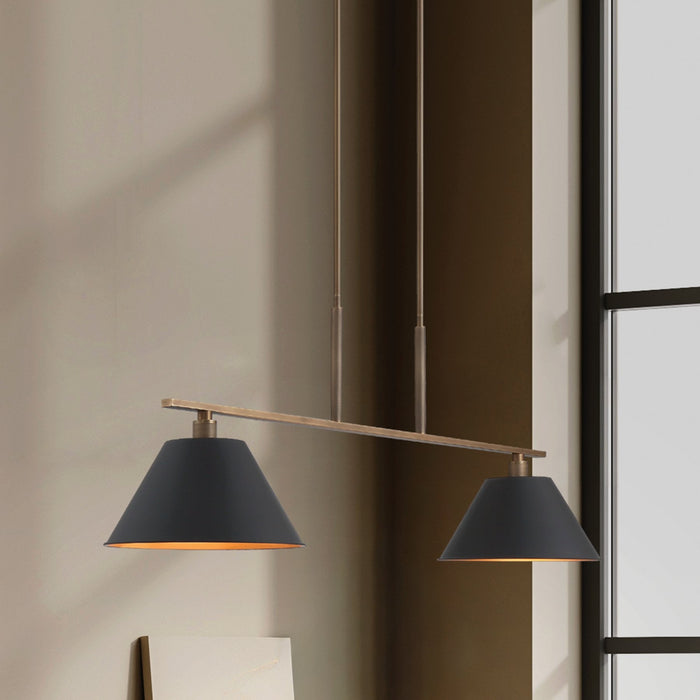 Chandelier Thesis 207336A Mcgill 60 inch 2 light Natural Brass Linear Chandelier with Matte Black and Gold Metal Shades THESIS