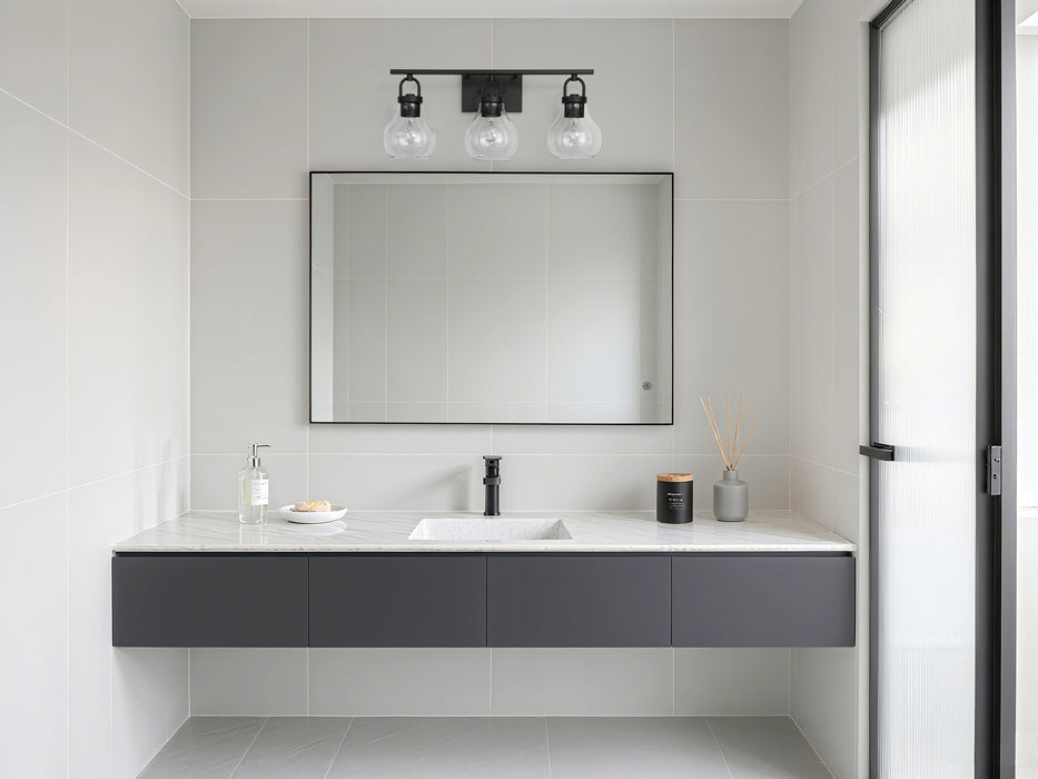 Vanity Light Thesis 207636A Mansfield 24 inch 3 light Matte Black Vanity Light with Clear Glass Shades THESIS