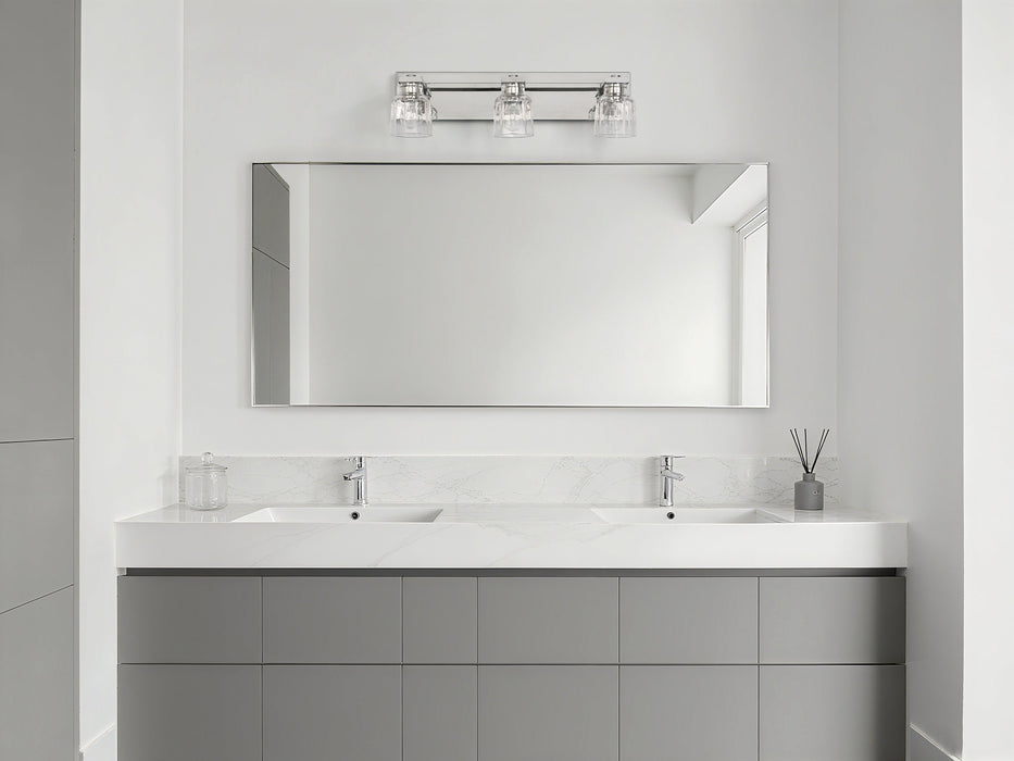 Vanity Light Thesis 207672A Dryden 24 inch 3 light Polished Nickel Vanity Light with Clear Ribbed Glass Shades THESIS