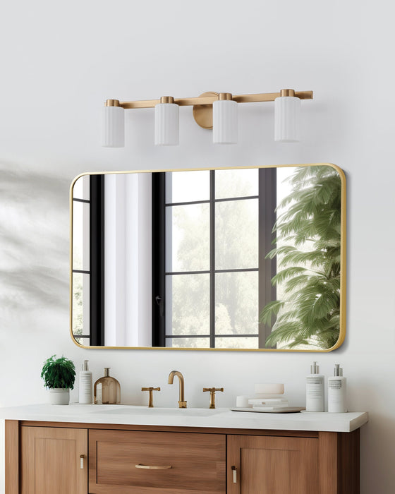 Vanity Light Thesis 207046A Bedminster 30 inch 4 light Champagne Gold Vanity Light with Etched Opal Ribbed Glass Shades THESIS