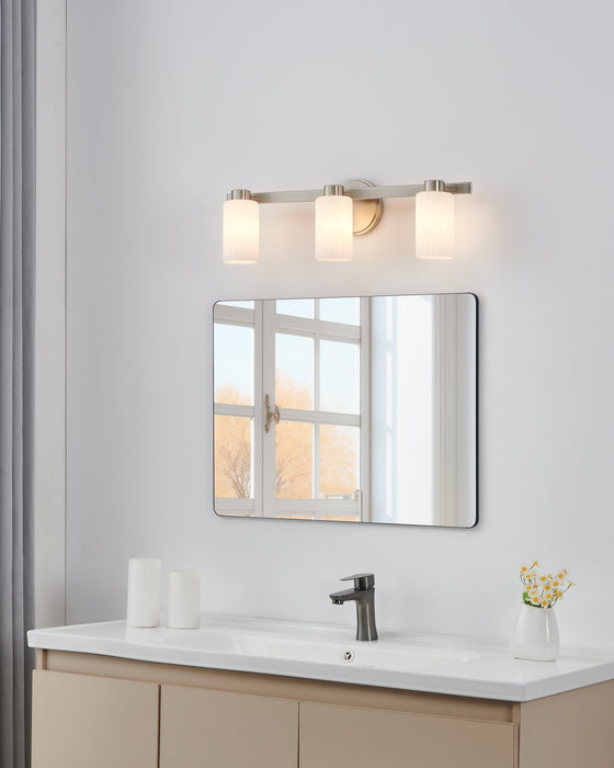 Vanity Light Thesis 207042A Bedminster 24 inch 3 light Brushed Nickel Vanity Light with Etched Opal Ribbed Glass Shades THESIS