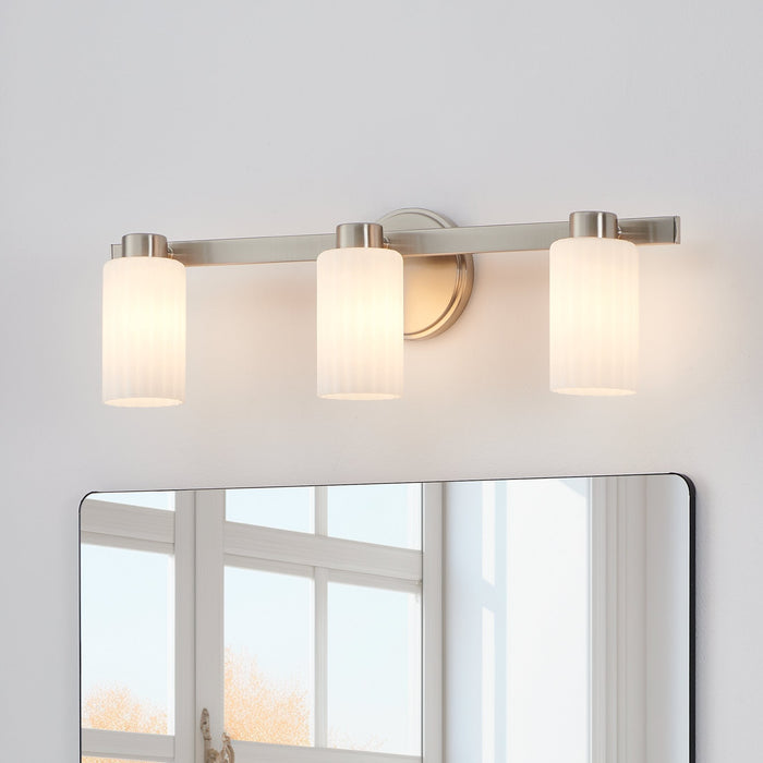 Vanity Light Thesis 207042A Bedminster 24 inch 3 light Brushed Nickel Vanity Light with Etched Opal Ribbed Glass Shades THESIS