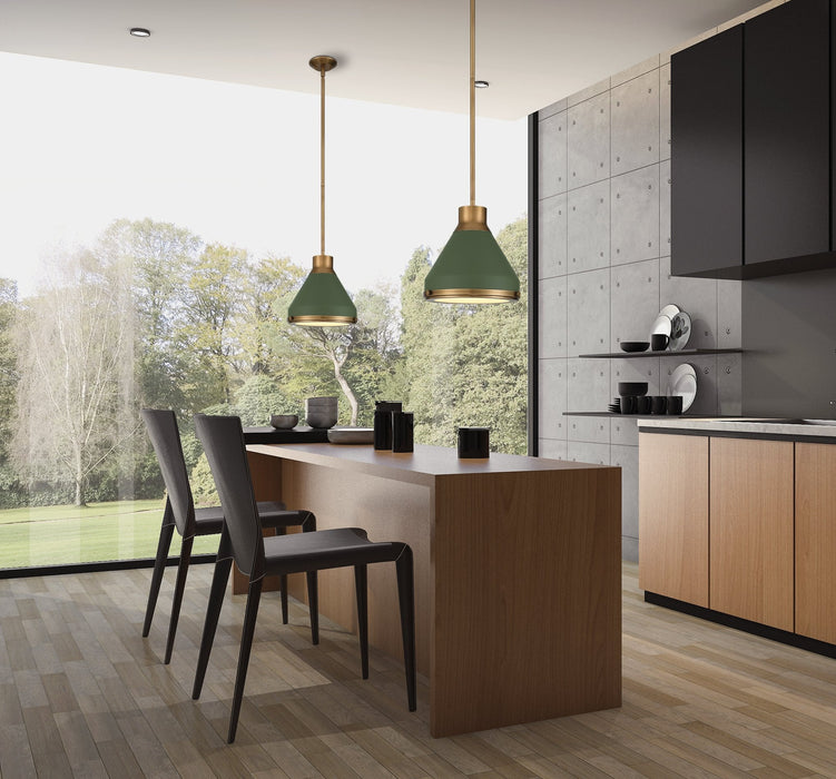 Pendant Light Thesis 207401A Doyle 13 inch 1 light Natural Brass Pendant Light with Matte Green Metal Shade THESIS