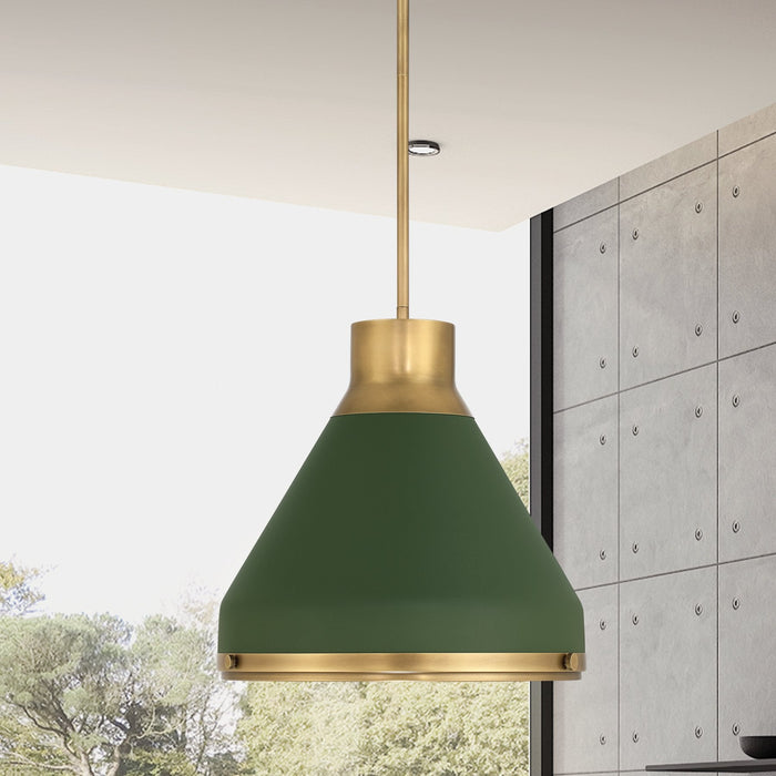 Pendant Light Thesis 207401A Doyle 13 inch 1 light Natural Brass Pendant Light with Matte Green Metal Shade THESIS