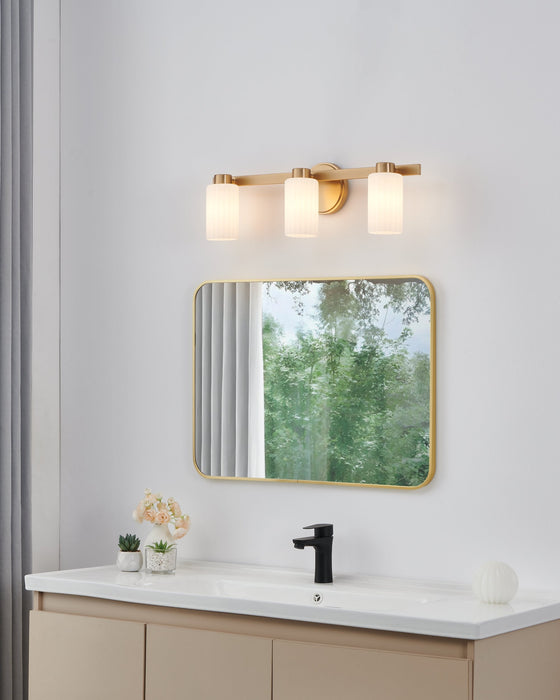 Vanity Light Thesis 207038A Bedminster 24 inch 3 light Champagne Gold Vanity Light with Etched Opal Ribbed Glass Shades THESIS