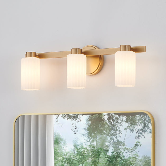 Vanity Light Thesis 207038A Bedminster 24 inch 3 light Champagne Gold Vanity Light with Etched Opal Ribbed Glass Shades THESIS