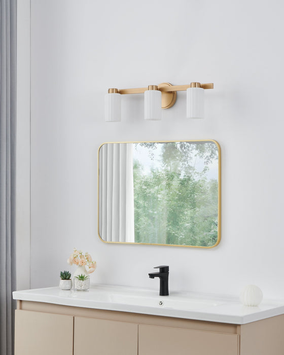 Vanity Light Thesis 207038A Bedminster 24 inch 3 light Champagne Gold Vanity Light with Etched Opal Ribbed Glass Shades THESIS