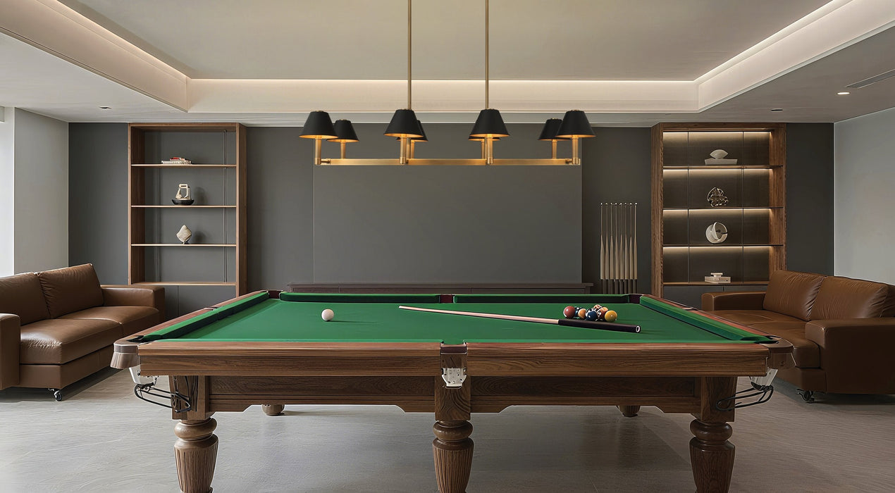 Chandelier Thesis 207332A Mcgill 52 inch 8 light Natural Brass Linear Chandelier with Matte Black and Gold Metal Shades THESIS