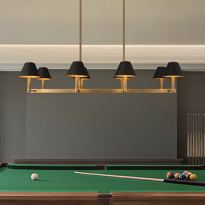 Chandelier Thesis 207332A Mcgill 52 inch 8 light Natural Brass Linear Chandelier with Matte Black and Gold Metal Shades THESIS