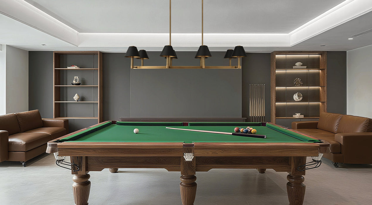 Chandelier Thesis 207332A Mcgill 52 inch 8 light Natural Brass Linear Chandelier with Matte Black and Gold Metal Shades THESIS