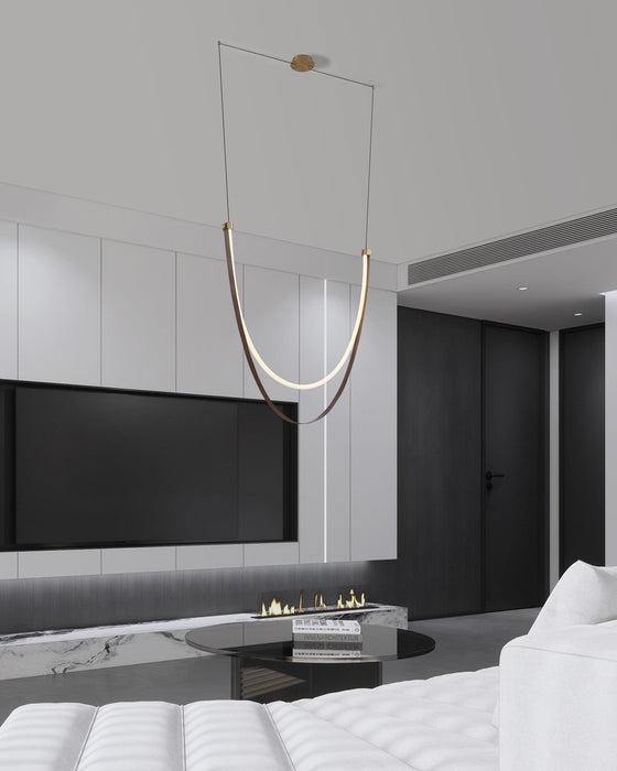 Chandelier Thesis 207278A Ayers 59 inch 1 light Champagne Gold with Black and Brown Faux Leather 5CCT LED Linear Chandelier THESIS