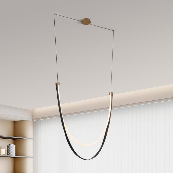 Chandelier Thesis 207278A Ayers 59 inch 1 light Champagne Gold with Black and Brown Faux Leather 5CCT LED Linear Chandelier THESIS