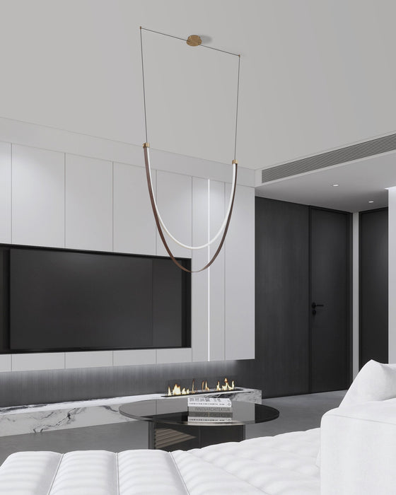 Chandelier Thesis 207278A Ayers 59 inch 1 light Champagne Gold with Black and Brown Faux Leather 5CCT LED Linear Chandelier THESIS