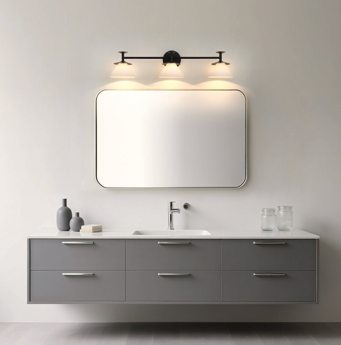 Vanity Light Thesis 207324A Tremolo 33 inch 3 light Matte Black and Champagne Gold Vanity Light with Etched Opal Glass THESIS