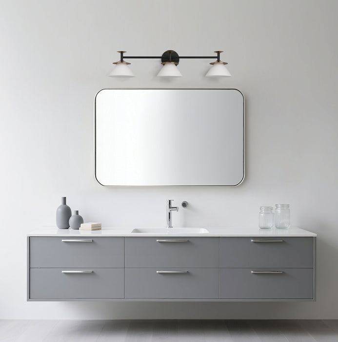 Vanity Light Thesis 207324A Tremolo 33 inch 3 light Matte Black and Champagne Gold Vanity Light with Etched Opal Glass THESIS