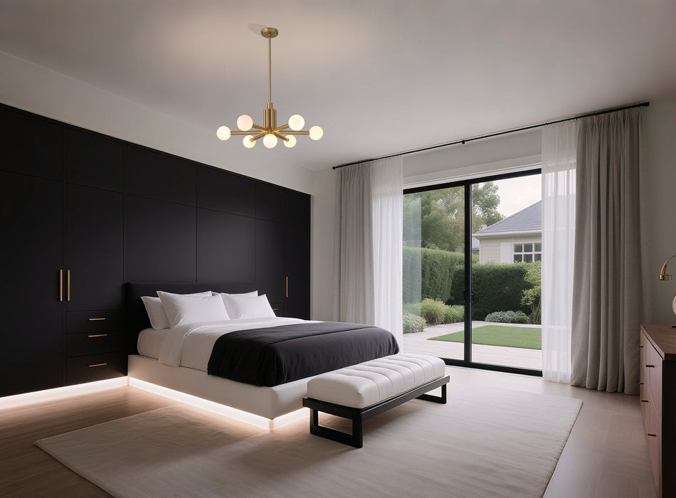 Chandelier Thesis 207353A Stockholm 29 inch 7 light Champagne Gold Chandelier with Opal Glass Shades THESIS