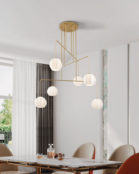 Chandelier Thesis 206927A Bryony 48 inch 6 light Brushed Gold Chandelier with White Synthetic Silk Shades THESIS