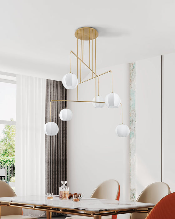 Chandelier Thesis 206927A Bryony 48 inch 6 light Brushed Gold Chandelier with White Synthetic Silk Shades THESIS