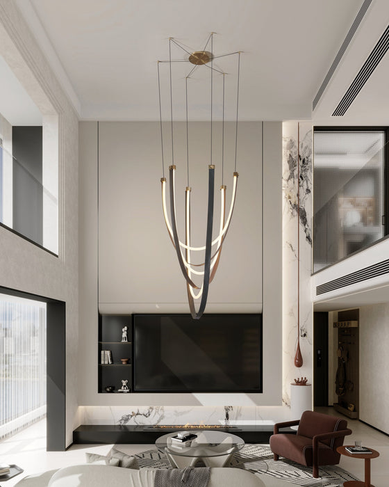 Chandelier Thesis 207275A Ayers 43 inch 3 light Champagne Gold with Black and Brown Faux Leather 5CCT LED Chandelier THESIS