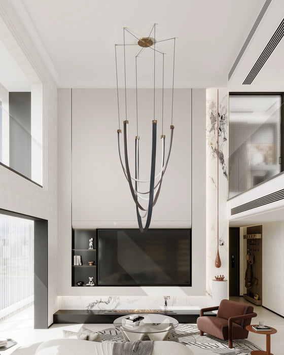 Chandelier Thesis 207275A Ayers 43 inch 3 light Champagne Gold with Black and Brown Faux Leather 5CCT LED Chandelier THESIS