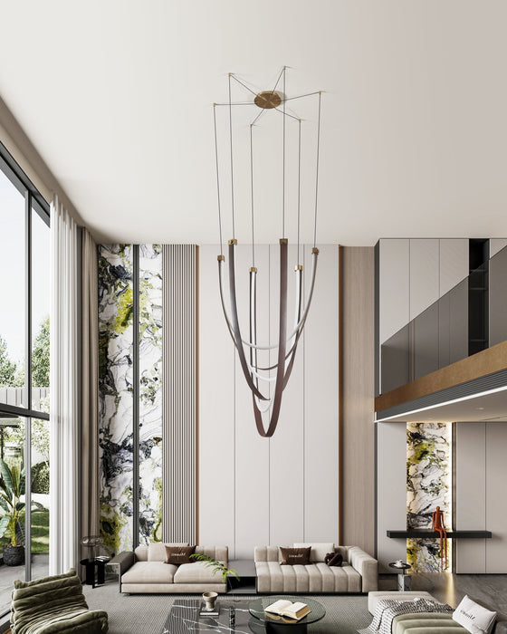 Chandelier Thesis 207275A Ayers 43 inch 3 light Champagne Gold with Black and Brown Faux Leather 5CCT LED Chandelier THESIS