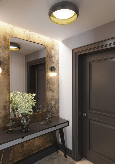 Modern interior design of a hallway with a mirror, console table, and door.