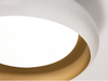 Close-up of a circular light fixture with white and gold colors.