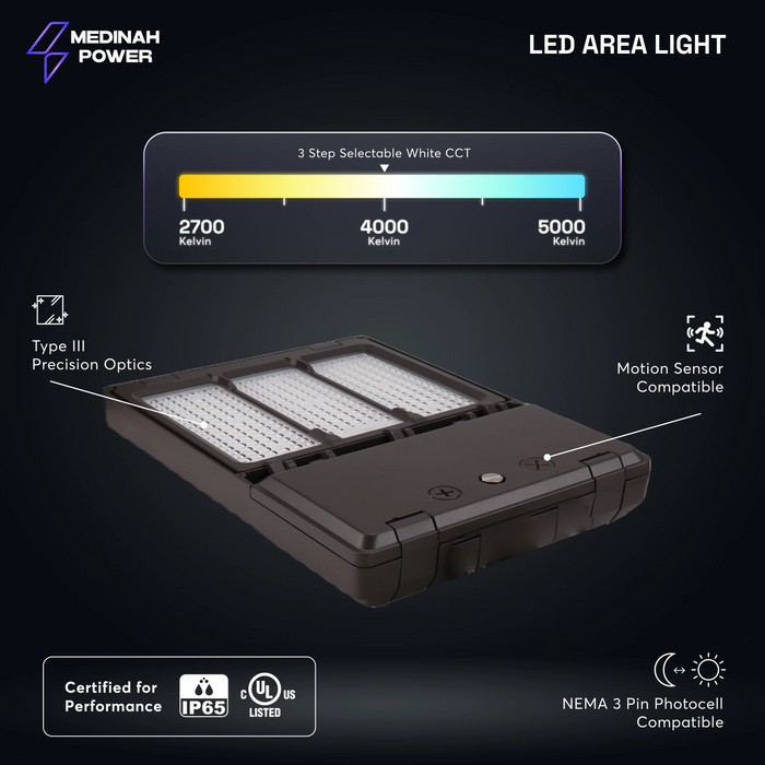 LED Shoebox Area Light 200/240/300 Wattage Selectable and 3 CCT Selectable Bronze 120-277V Medinah Power