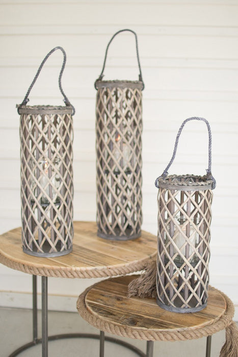 Candle Lantern Kalalou CLUX1066 Set of 3 Grey Willow Lanterns With Glass Candle Insert Kalalou