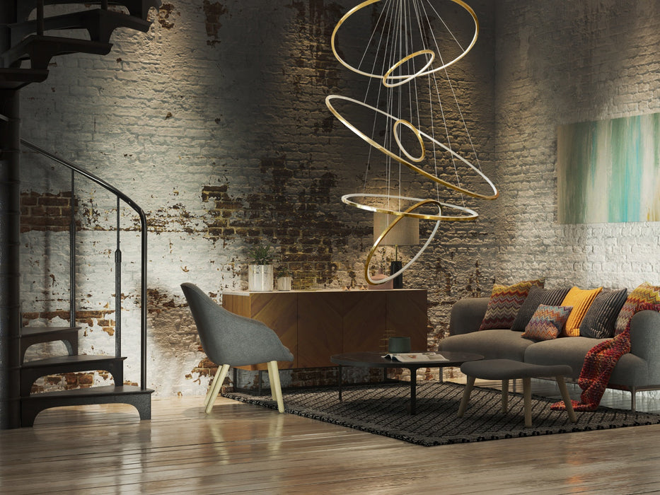 Multi-Light Pendant Avenue Lighting HF4446-PB Aria 6-Ring 48"W LED Pendant in Polished Brass Avenue Lighting