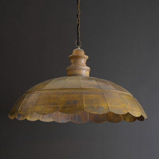 Kalalou NDE1538 Wide Dome Antique Brass Pendant Light with Wood Detail LightStoreUSA