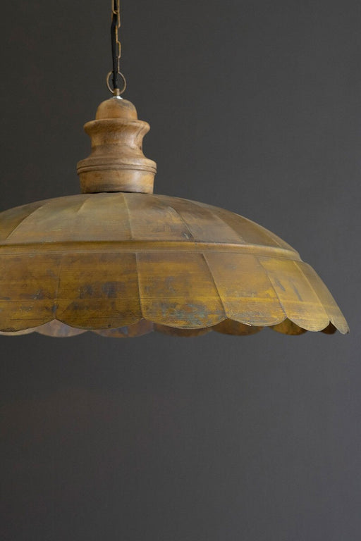 Kalalou NDE1538 Wide Dome Antique Brass Pendant Light with Wood Detail LightStoreUSA