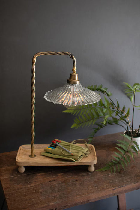 Table Lamp TABLE LAMP WITH WOODEN TRAY BASE AND GLASS SHADE Kalalou