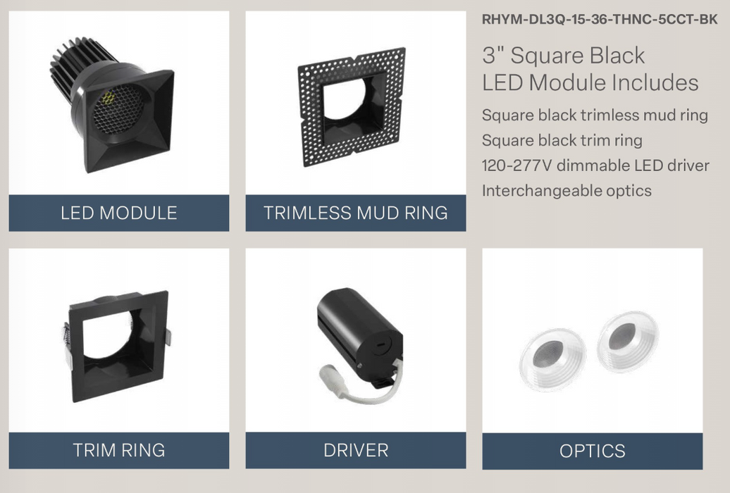 LED Downlight American Lighting Rhyme 3 inch Deep Baffle Downlight Square Black 5CCT and Optic Selectable American Lighting