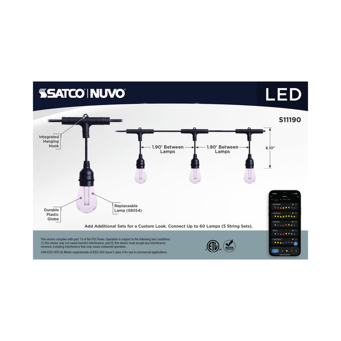 String Light Satco S11190 Starfish - 24 Foot LED String Light - 12-S14 Lamps - IOT - RGBTW - Black - 120 Volt Satco