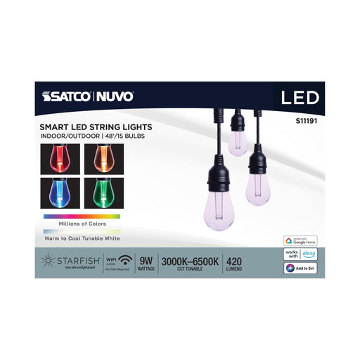 String Light Satco S11191 Starfish - 48 Foot LED String Light - 15-S14 Lamps - IOT - RGBTW - Black - 120 Volt Satco