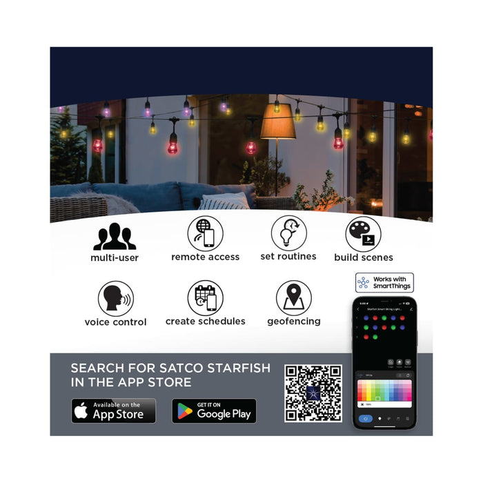 String Light Satco S11191 Starfish - 48 Foot LED String Light - 15-S14 Lamps - IOT - RGBTW - Black - 120 Volt Satco