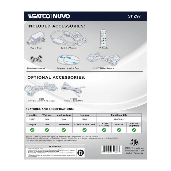 String Light Satco S11297 Starfish - 50 Foot LED Eave String Light - 24 Watt - RGBTW - 120 Volt - Remote Included Satco