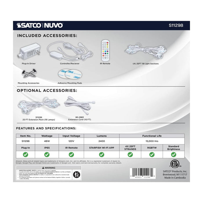 String Light Satco S11298 Starfish - 100 Foot LED Eave String Light - 48 Watt - RGBTW - 120 Volt - Remote Included Satco