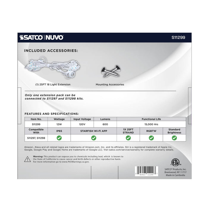 String Light Satco S11299 Starfish - 12 Watt - 25 Foot LED Eave String Light Extension - RGBTW - White Finish - 120 Volt Satco