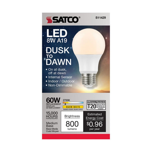 LED A Lamp Satco S11429 8A19/DUSK/DAWN/LED/27K  8.5 Watt A19 LED Dusk to Dawn Bulb 2700K Satco