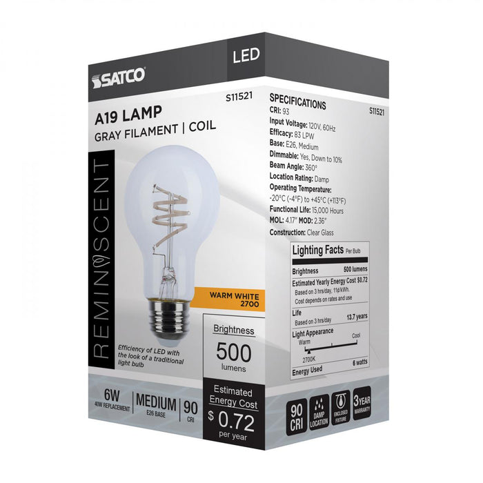 Satco S11521 6 Watt LED A19 Bulb Reminiscent Flex Gray Straight Filament 2700K