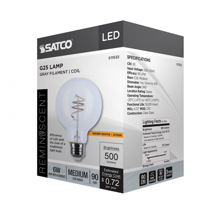 Satco S11522 6 Watt LED G25 Bulb Reminiscent Flex Gray Straight Filament 2700K