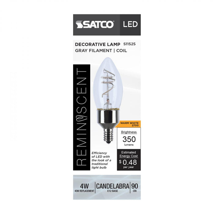 Satco S11525 4 Watt B11 LED Candelabra Bulb Reminiscent Flex Gray Coil Filament