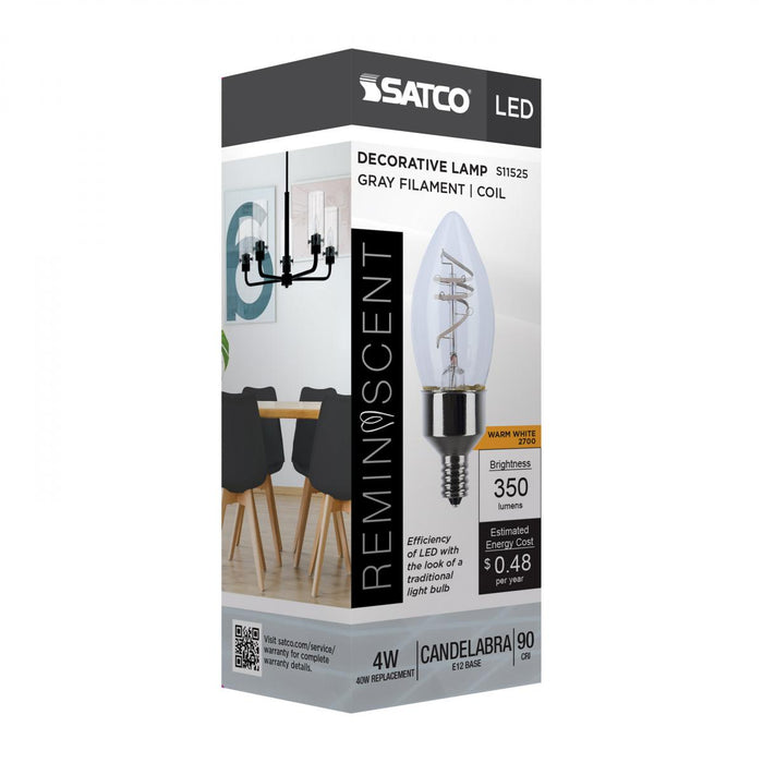 Satco S11525 4 Watt B11 LED Candelabra Bulb Reminiscent Flex Gray Coil Filament