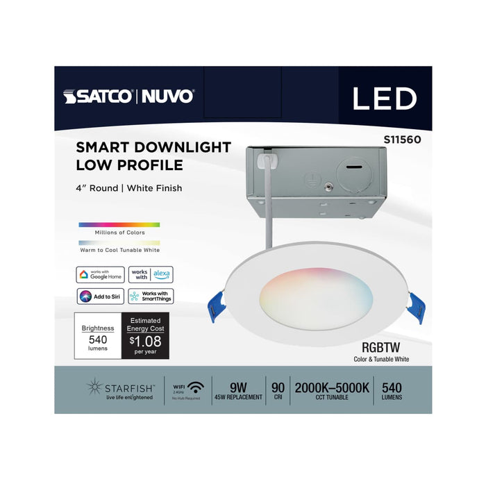 Remote Driver LED Downlight Satco S11560 9 Watt - LED Direct Wire - Low Profile Downlight - 4 Inch Round - Starfish IOT - Tunable White and RGB - 120 Volt - 90 CRI - White Finish Satco