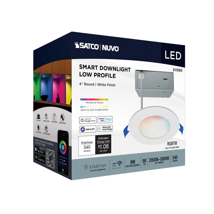 Remote Driver LED Downlight Satco S11560 9 Watt - LED Direct Wire - Low Profile Downlight - 4 Inch Round - Starfish IOT - Tunable White and RGB - 120 Volt - 90 CRI - White Finish Satco