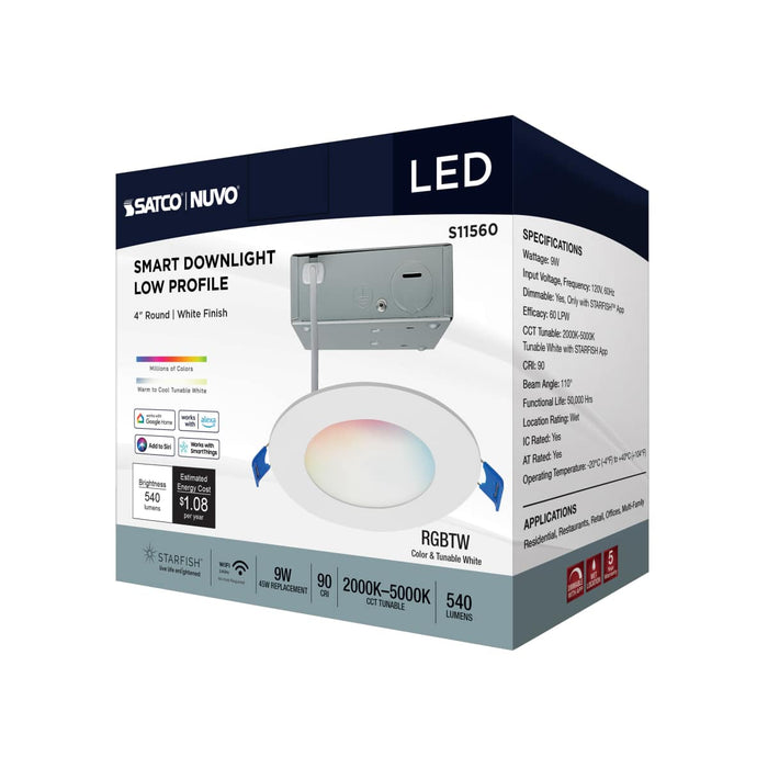 Remote Driver LED Downlight Satco S11560 9 Watt - LED Direct Wire - Low Profile Downlight - 4 Inch Round - Starfish IOT - Tunable White and RGB - 120 Volt - 90 CRI - White Finish Satco