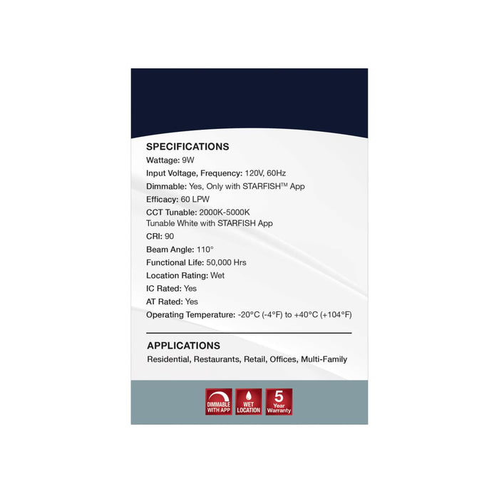 Remote Driver LED Downlight Satco S11561 9 Watt - LED Direct Wire - Low Profile Downlight - 4 Inch Square - Starfish IOT - Tunable White and RGB - 120 Volt - 90 CRI - White Finish Satco